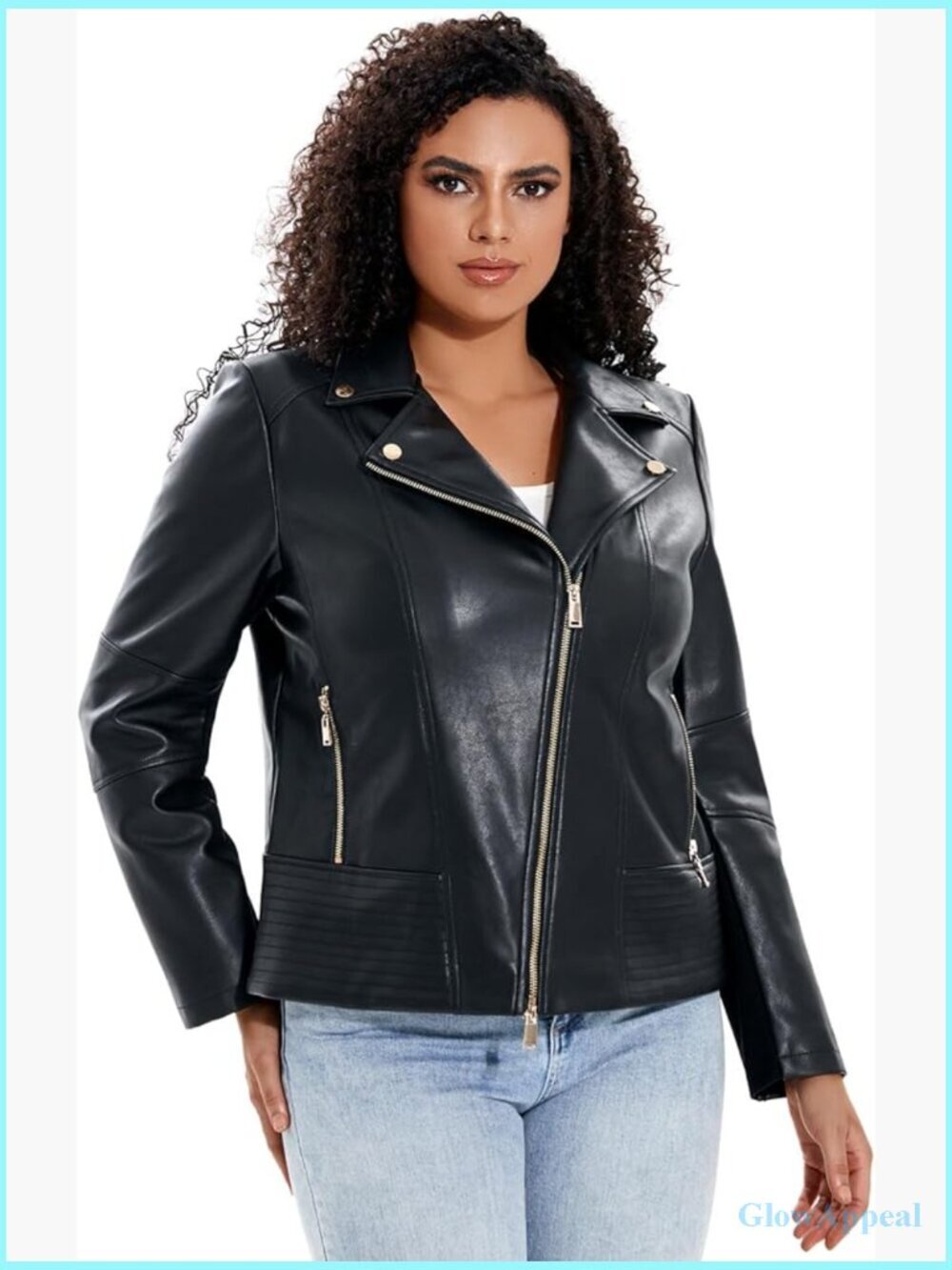 Plus Size Faux Leather Motorcycle Jacket with Stretch Sleeves and Zipper Pockets
